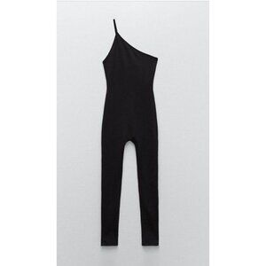 NWT Zara Black Long Fitted Catsuit Jumpsuit Asymmetrical One Shoulder Size Small